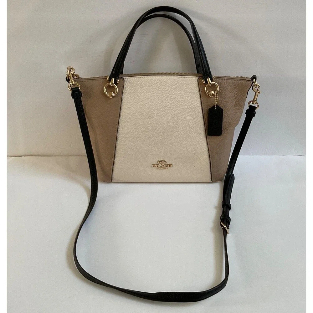 Coach Kacey Satchel Leather Bag in Colorblock Gold Chalk Tan Convertible C6841